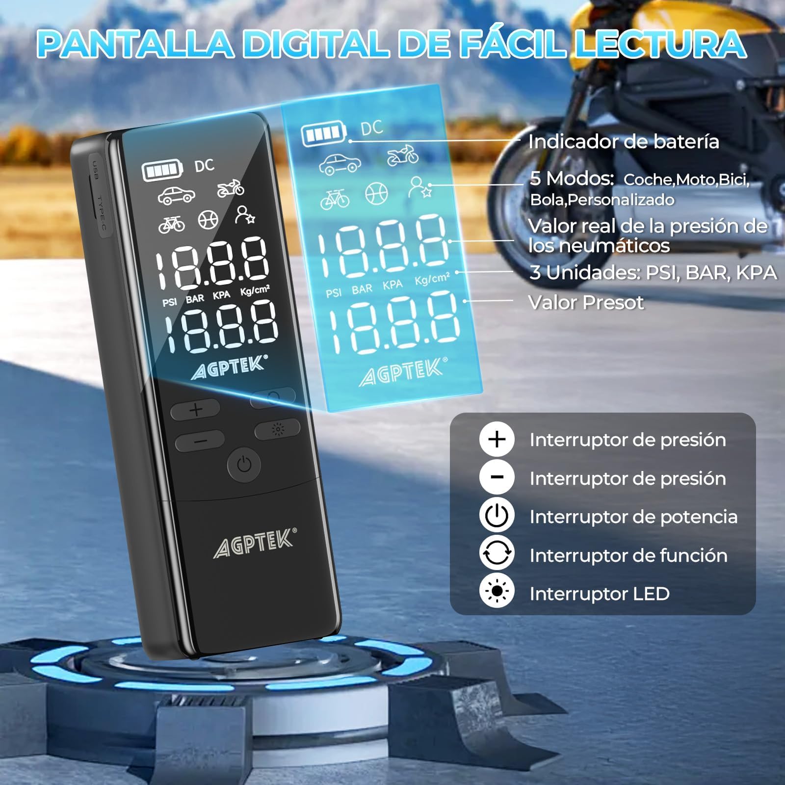 AGPTEK Tire Inflator Portable Air Compressor-150PSI & 5000mAh Tire Pressure Gauge Electric Air Pump,LCD Display With LED Light For Cars, Bikes & Motorcycle Tires, Balls - View #5