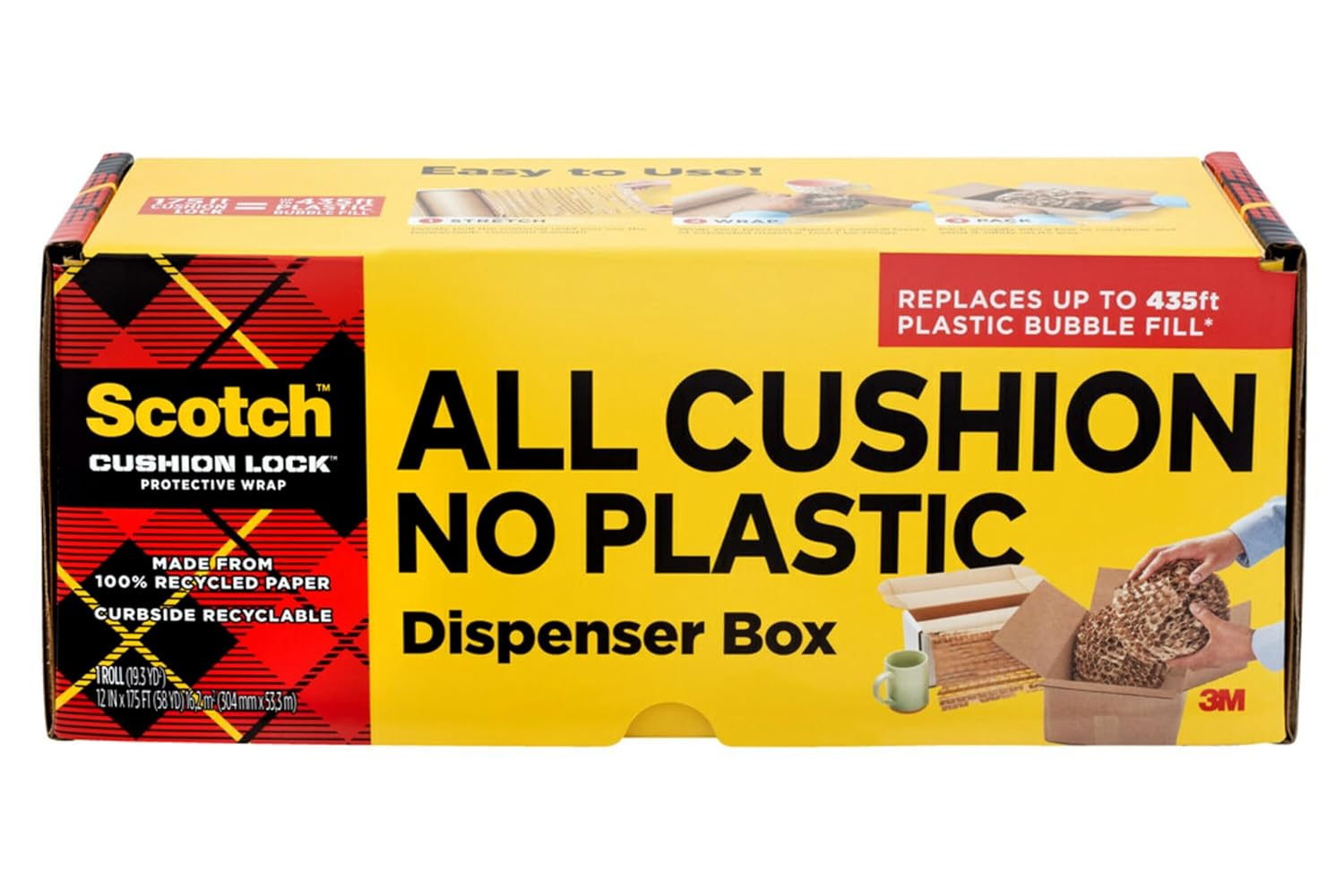 Scotch Cushion Lock Protective Wrap, 12 in. x 175 ft., Paper Wrap Cushions and Conforms Around Items to Secure and Protect Christmas Presents, Packaging Solution for Shipping Holiday Gifts, 1 Wrap