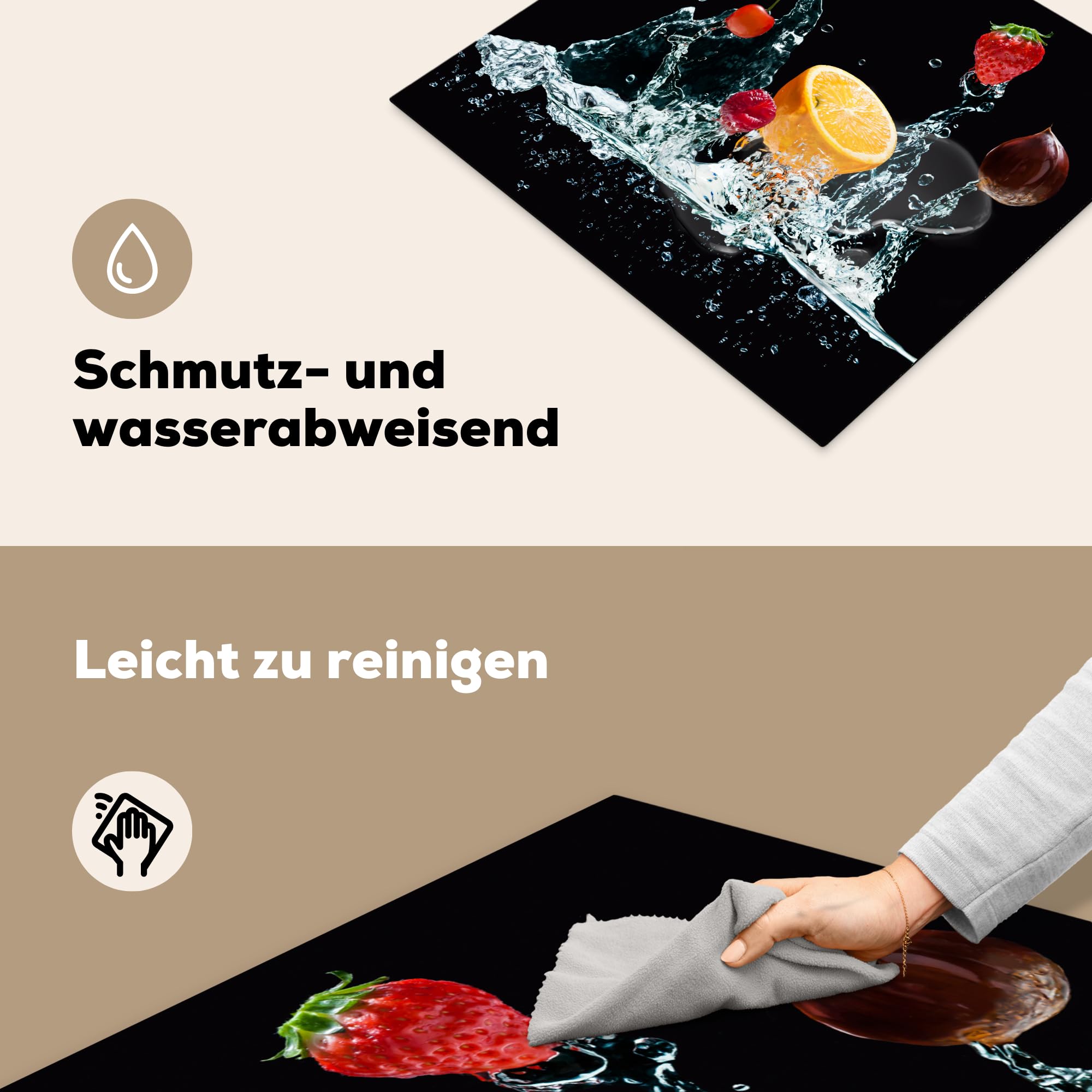 KitchenYeah© Herdabdeckplatte Einteilig Küche Ceranfeld Abdeckplatte Cerankochfeld Abdeckung Induktionskochfeld Schutzmatte Wasser - Obst - Orange - Erdbeeren - Kirsche - Schwarz - 60x52 cm