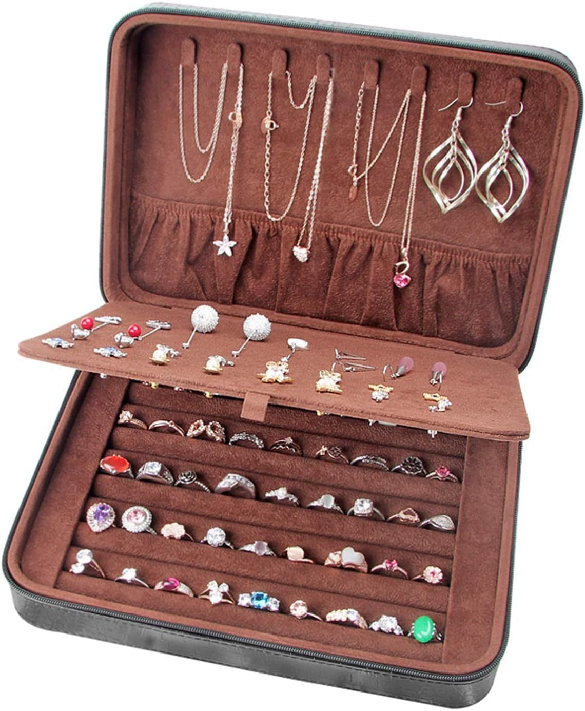 Leather Travel Jewelry Case for Women, Multifunctional Organizer Box for Necklaces and Accessories