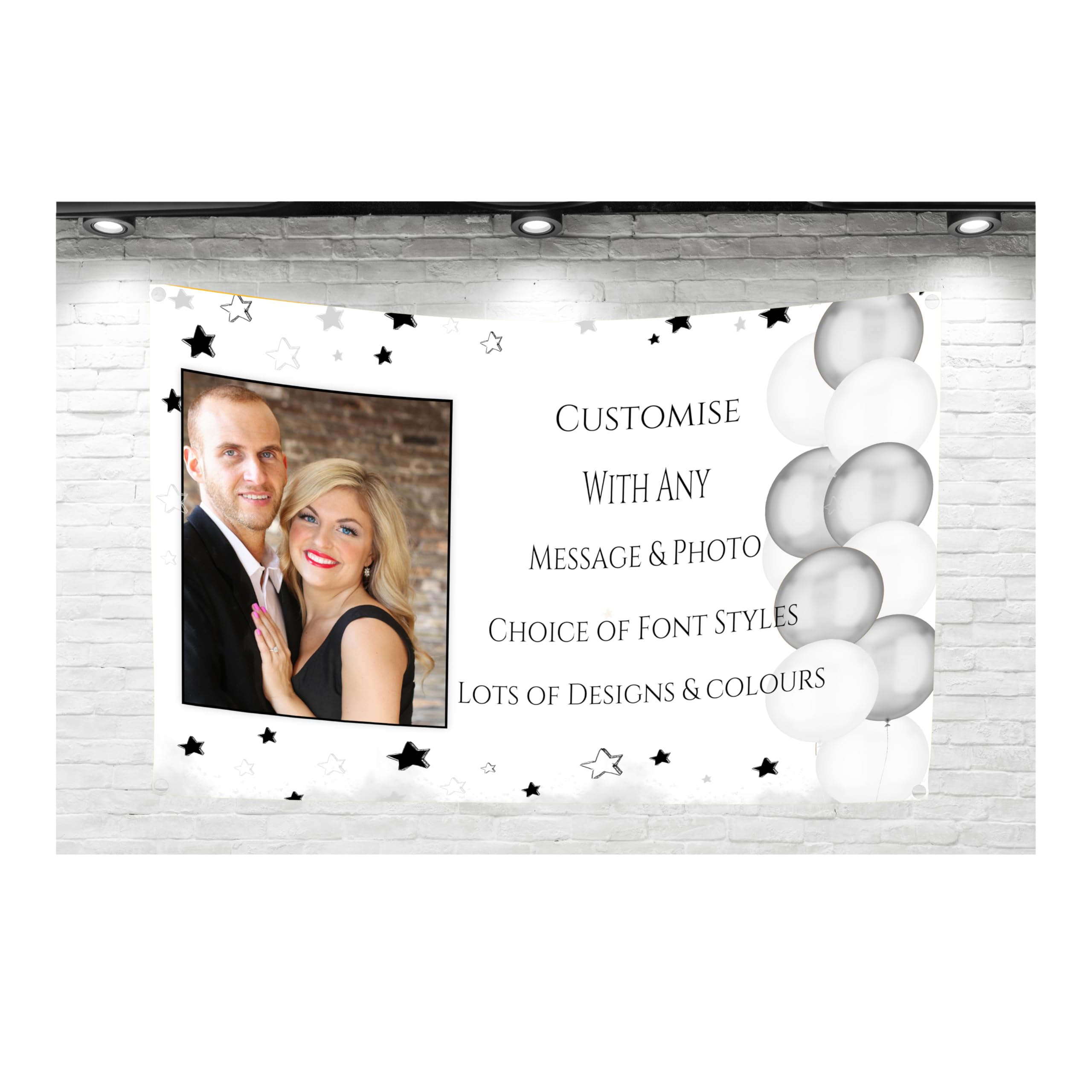 Large Personalised Banner Backdrop with Photo Any Occasion Message Happy Birthday for Men Women Good Luck Congratulations Anniversary Engagement Party Decorations Outdoor (Black & Silver with PHOTO)