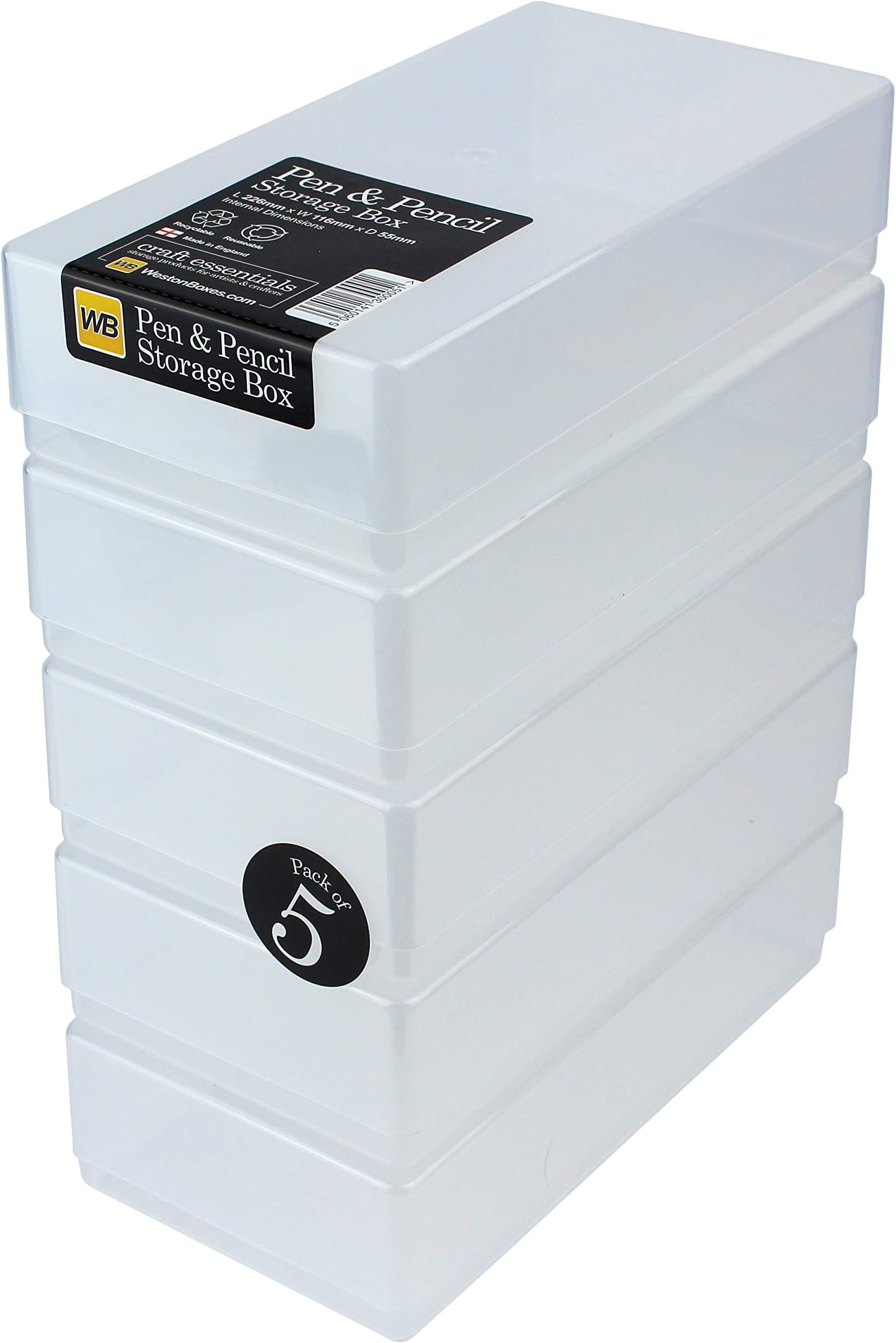 WestonBoxes Plastic Storage Boxes with Lids for Pens, Pencils and Stationery - 1.4 Litre Volume (Clear/Transparent, Pack of 5)