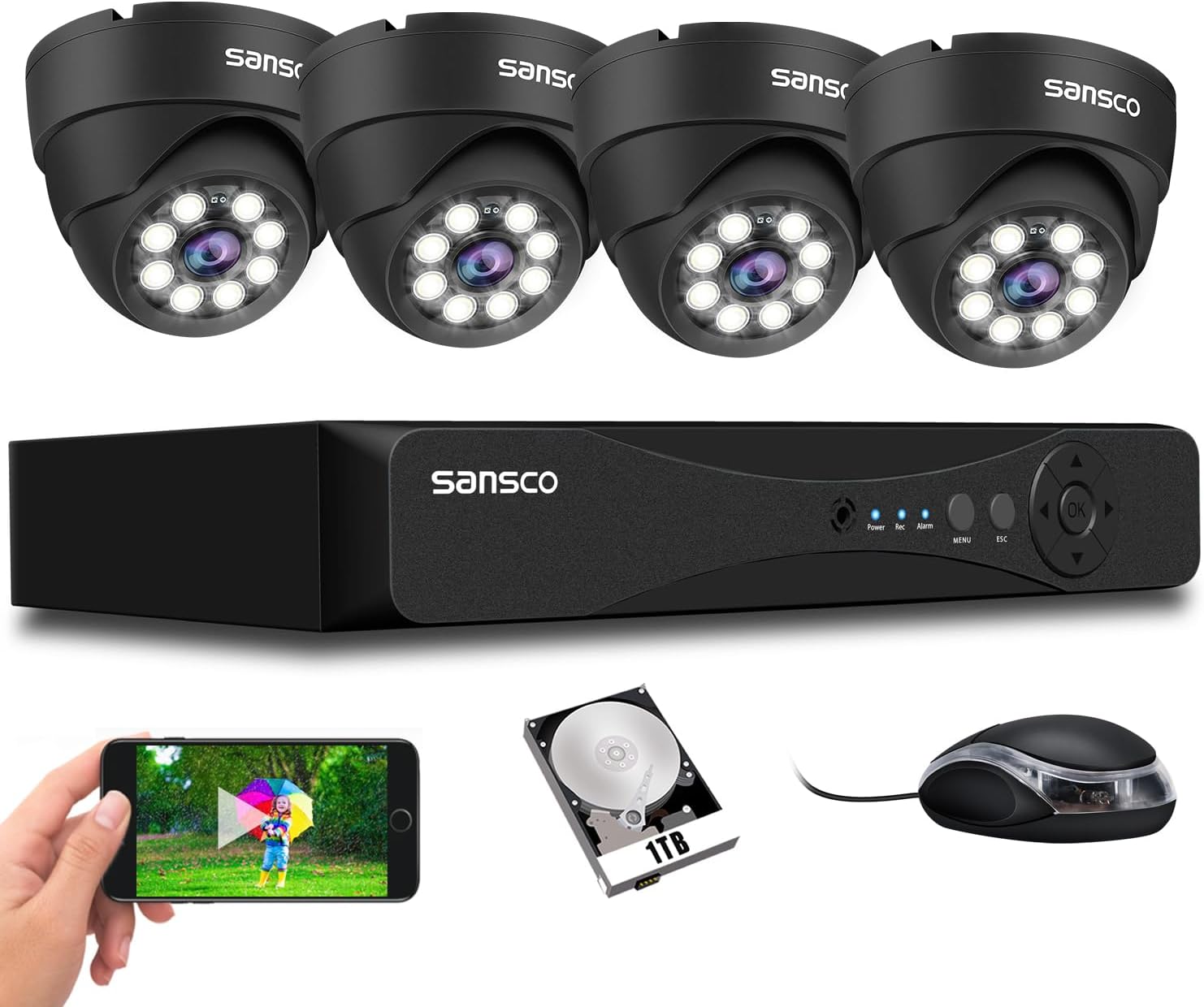 Product image of SANSCO HD CCTV Security Camera System, 8 Channel 5MP DVR with (4) 3K In/Outdoor Dome Surveillance Cameras, 1TB Hard Drive (Vandal-Proof, Continuous/Motion Recording, Rapid USB Backup, Remote Access)