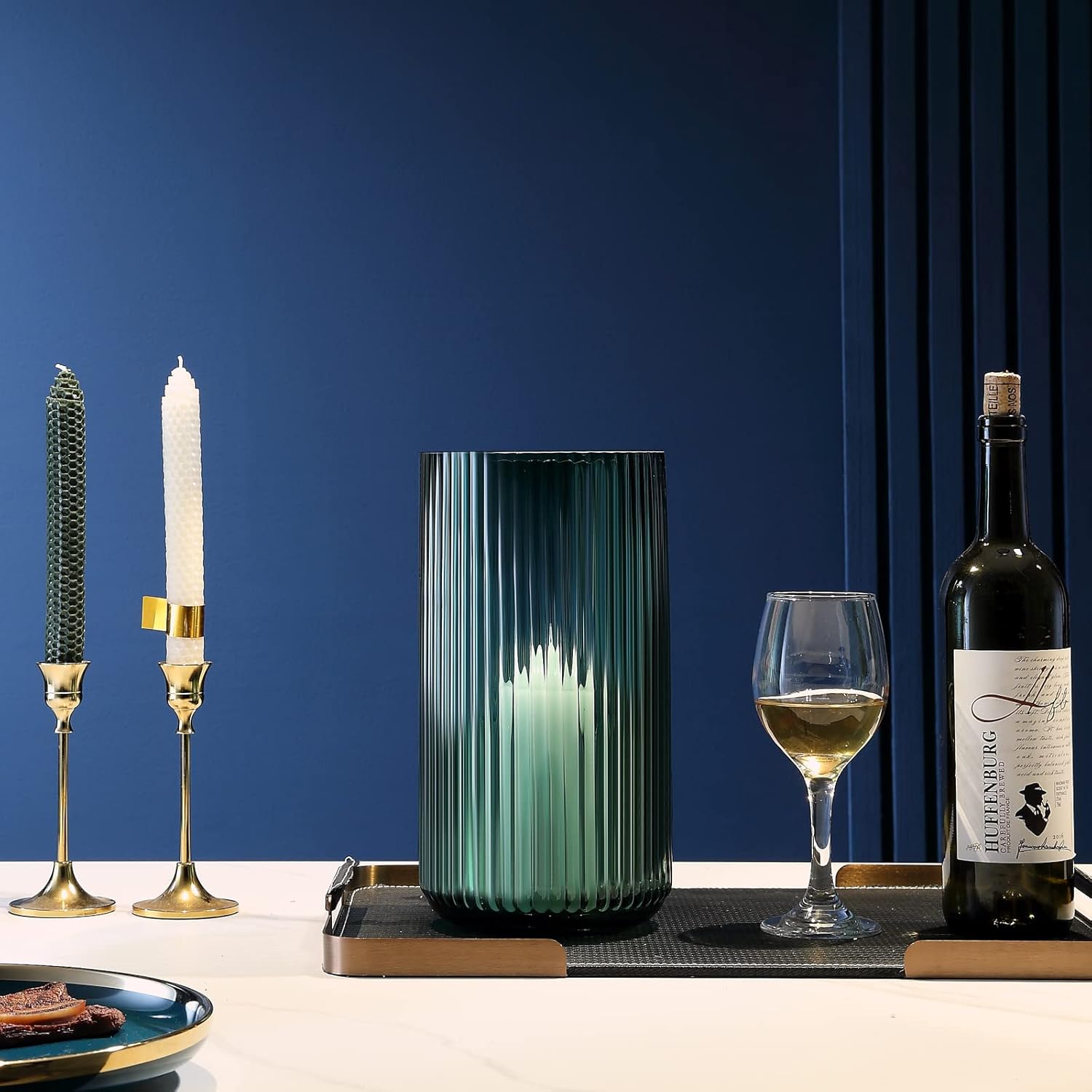 Large Cylinder Ribbed Green Glass Flower Vase for Farmhouse Dining Table Centerpieces Decor