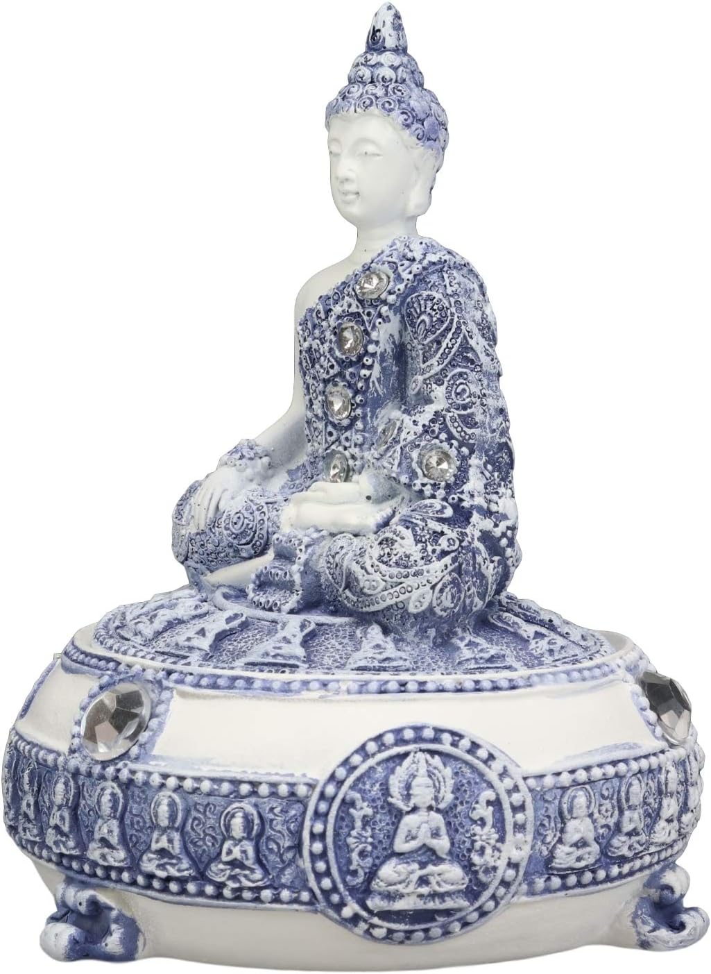 Ebros Gift Bhumisparsha Mudra Buddha Amitabha Meditating Terracotta Blue And White Round Jewelry Box Figurine 5.25"Diameter Buddhist Eastern Enlightenment Trinket Box Accessory Feng Shui Decor