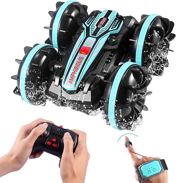 Remote Control Car Toy for Kids, 360° Roating Amphibious RC Vehicle Outdoor,Toy Car 2.4Ghz Off Road with 4WD Electric Racing Stunt Boats All Terrain Waterproof Truck(Blue)