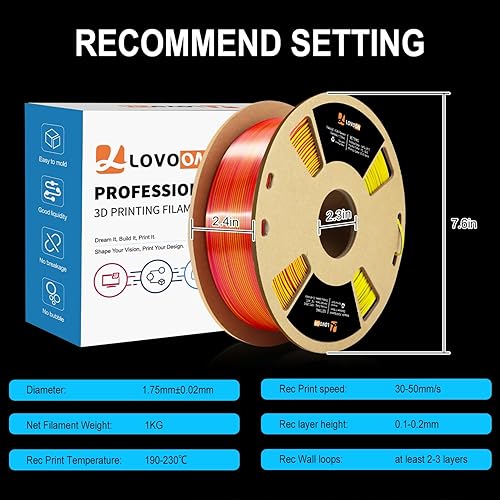 Miniatura 7 de LOVOON 3D Filamento de impresora PLA tricolor 1.75mm, seda PLA rojo amarillo azul, filamento para impresión 3D +-0.02mm, compatible con la mayoría