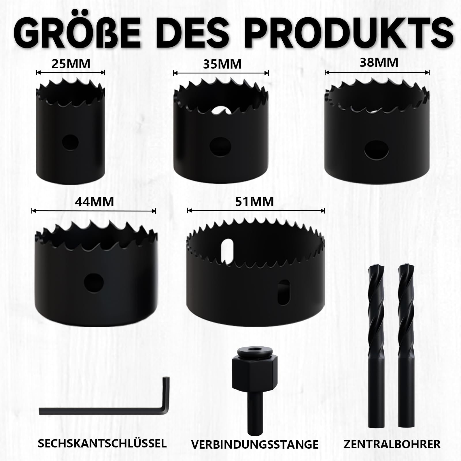 Set di sega a tazza bi-metallo 9 pezzi (25-51mm), sega per legno, cartongesso e plastica | Denti ultra affilati | Cambio rapido | Include mandrino e chiave esagonale
