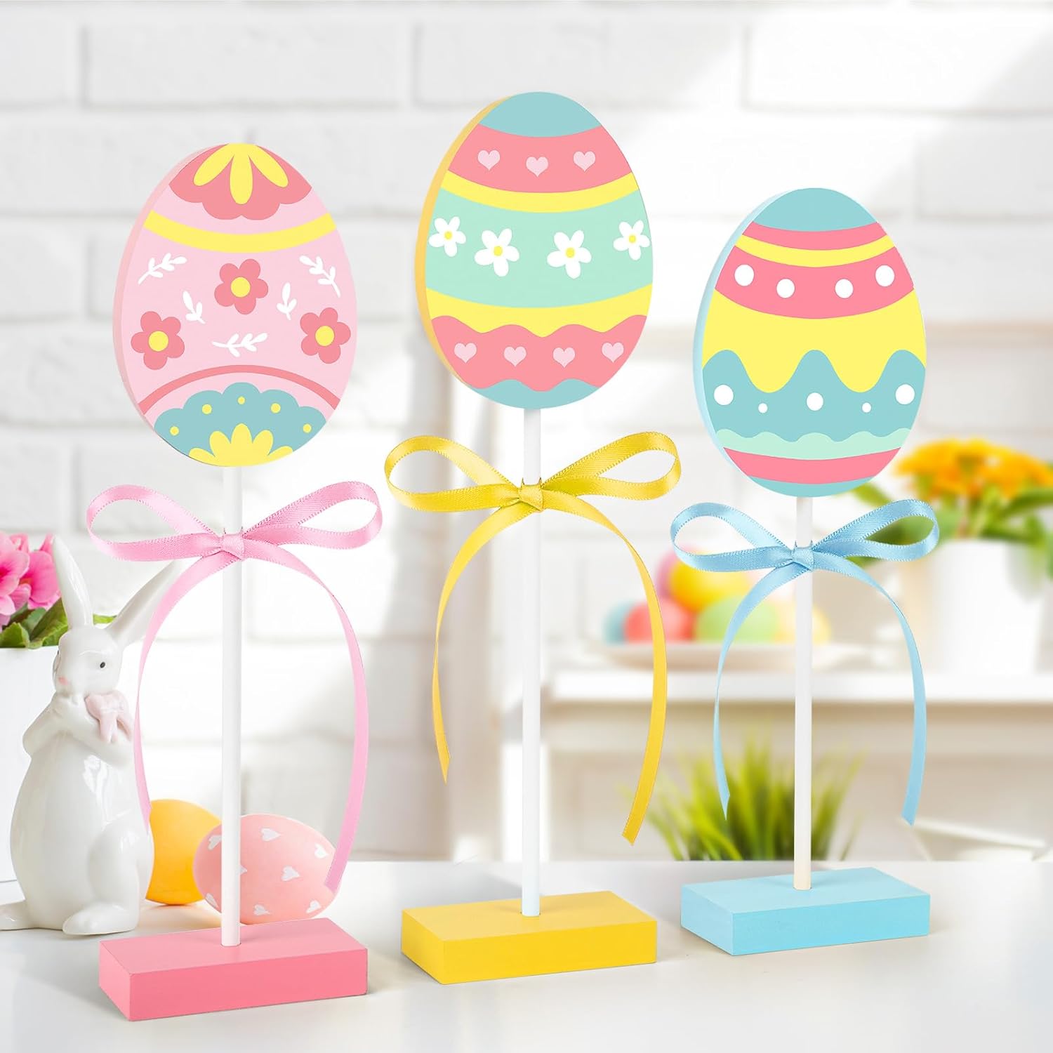 3 Pieces Easter Table Decorations, Wooden Eggs Signs, Colorful Easter Tiered Tray Decor for Home Kitchen Decorations (Eggs)