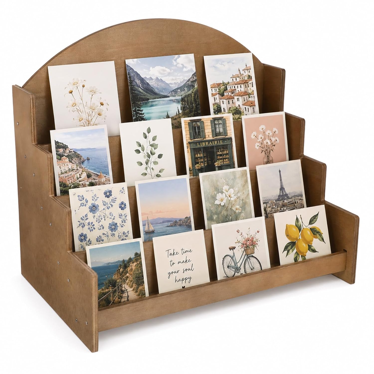 Greeting Card Display Stand Holder, 4-Tier | Wooden Organizer Rack Vintage Sticker Display Stand Postcard Display Stand Holder for Stores Stationery Stickers Postcards