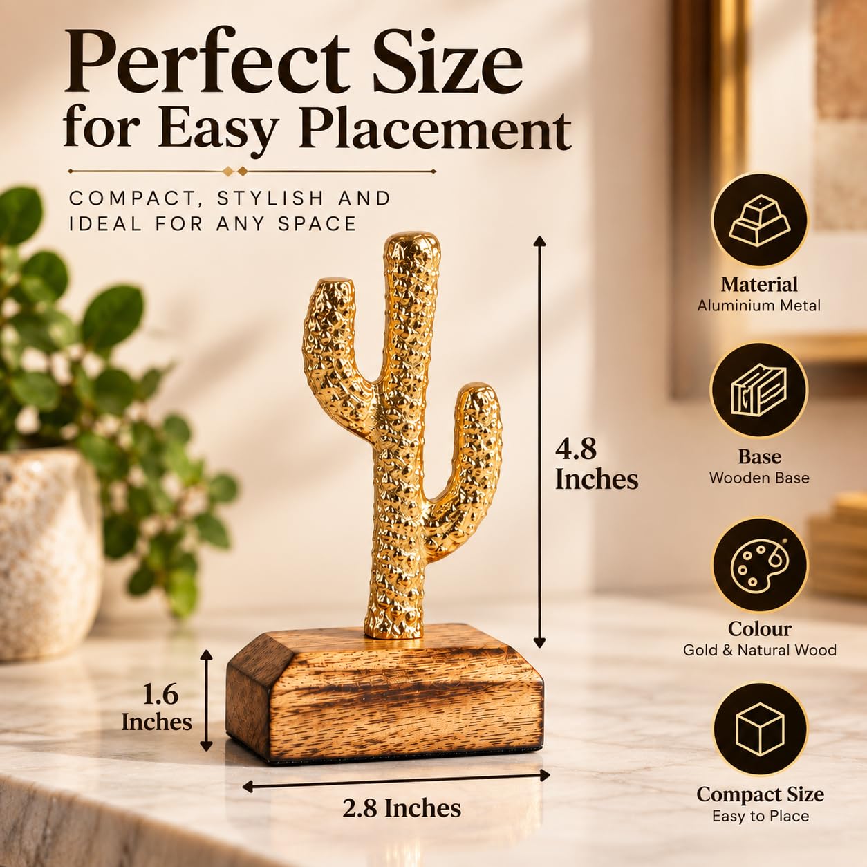 Gold Mini Cactus Sculpture - Home Decor -3