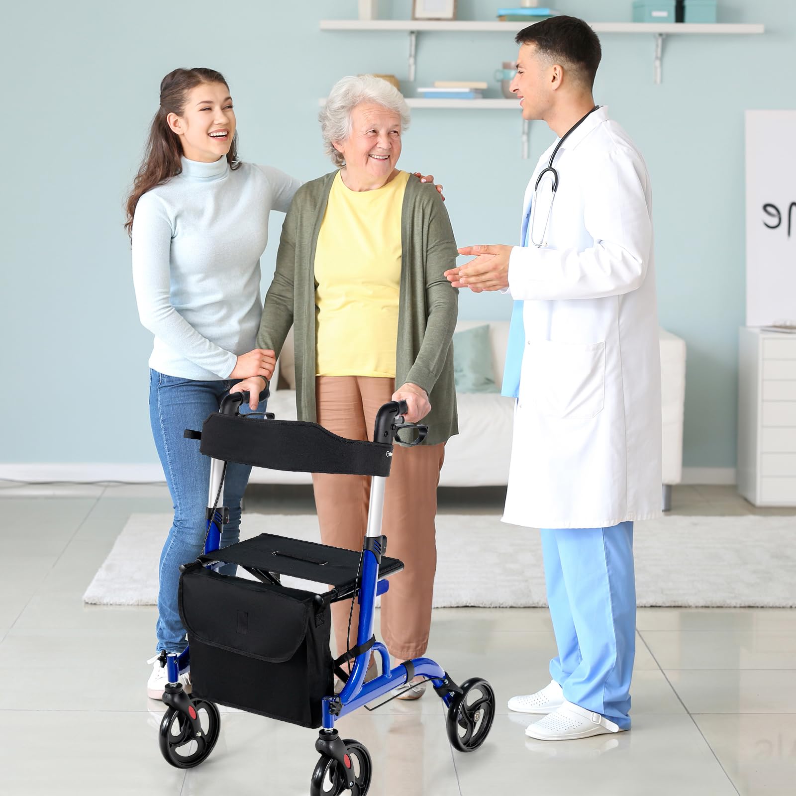 HOMASIS Deambulatore per Anziani 4 Ruote, Carrello per Anziani per Camminare con Seduta e Maniglie Regolabili, Rollator Pieghevole con Doppio Freno/Borsa Portaoggetti, Portata 150kg (Blu)