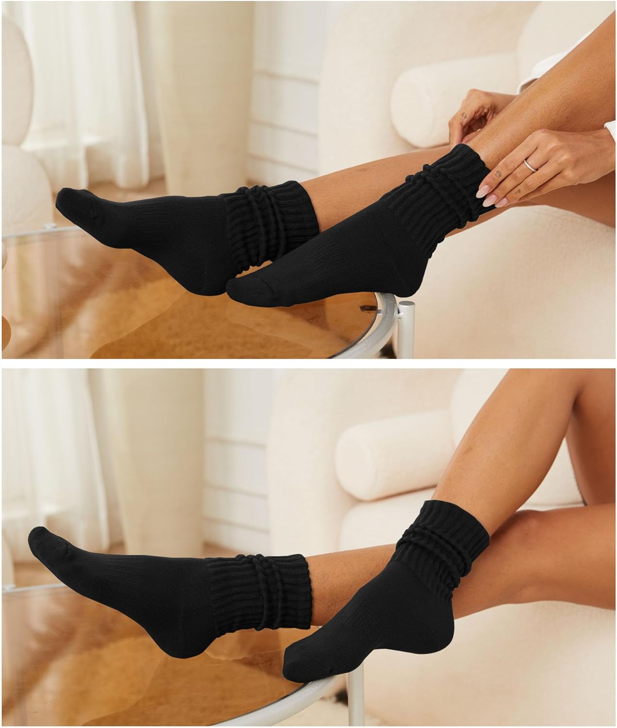 Women's Slouch Crew Socks Retro Solid Scrunch Boot Chunky Ribbed Cozy Cotton Calf Socks 3 Pack Size 5-11 - Image 6