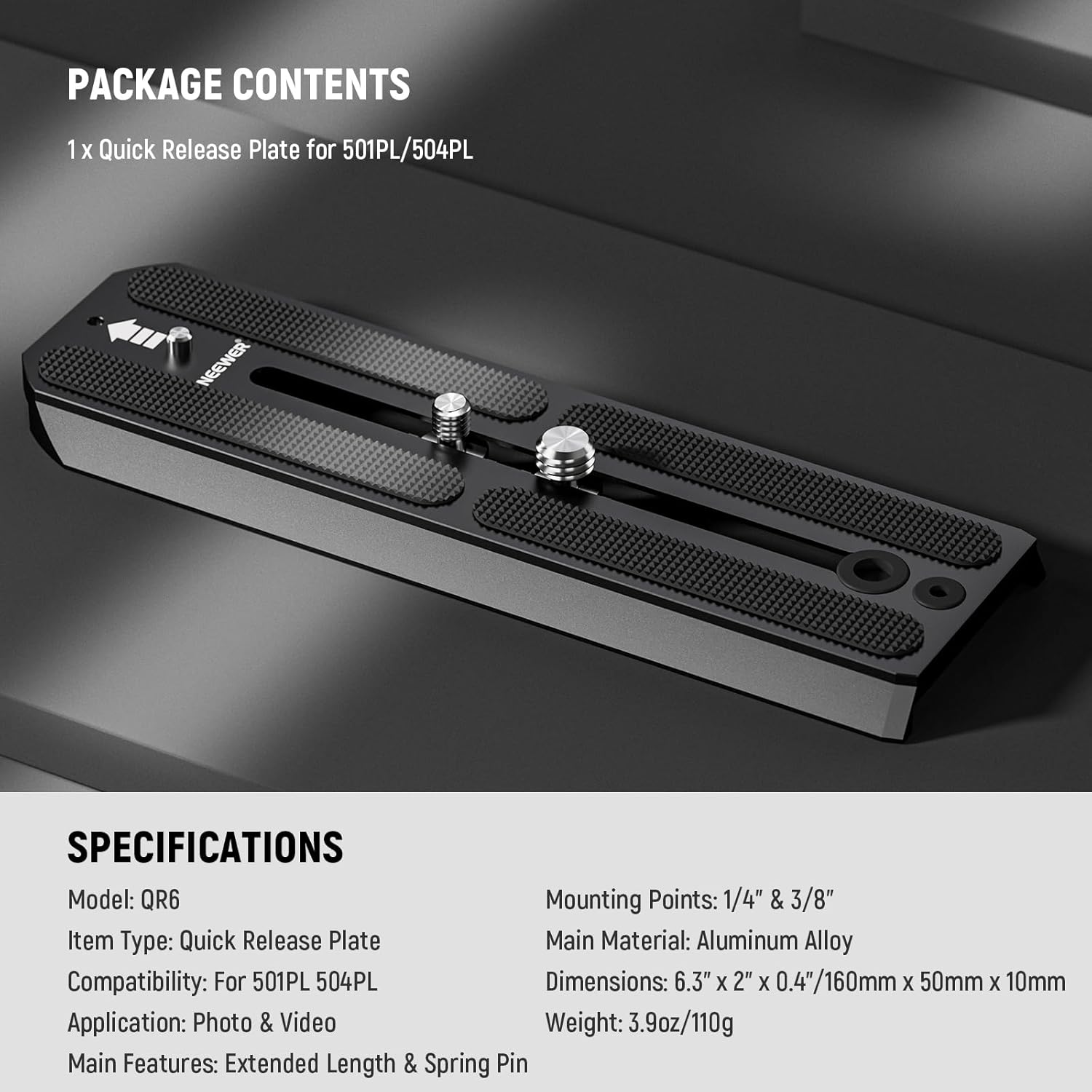 NEEWER 501PL Tripod Quick Release Plate Compatible with MVH500AH MVH502AH, 6.3"/16cm Extended Camera Mounting Plate with 1/4" 3/8" Screws, Anti Off Pin for GM001 GM002 GM006 Fluid Heads, QR6 - Image 8