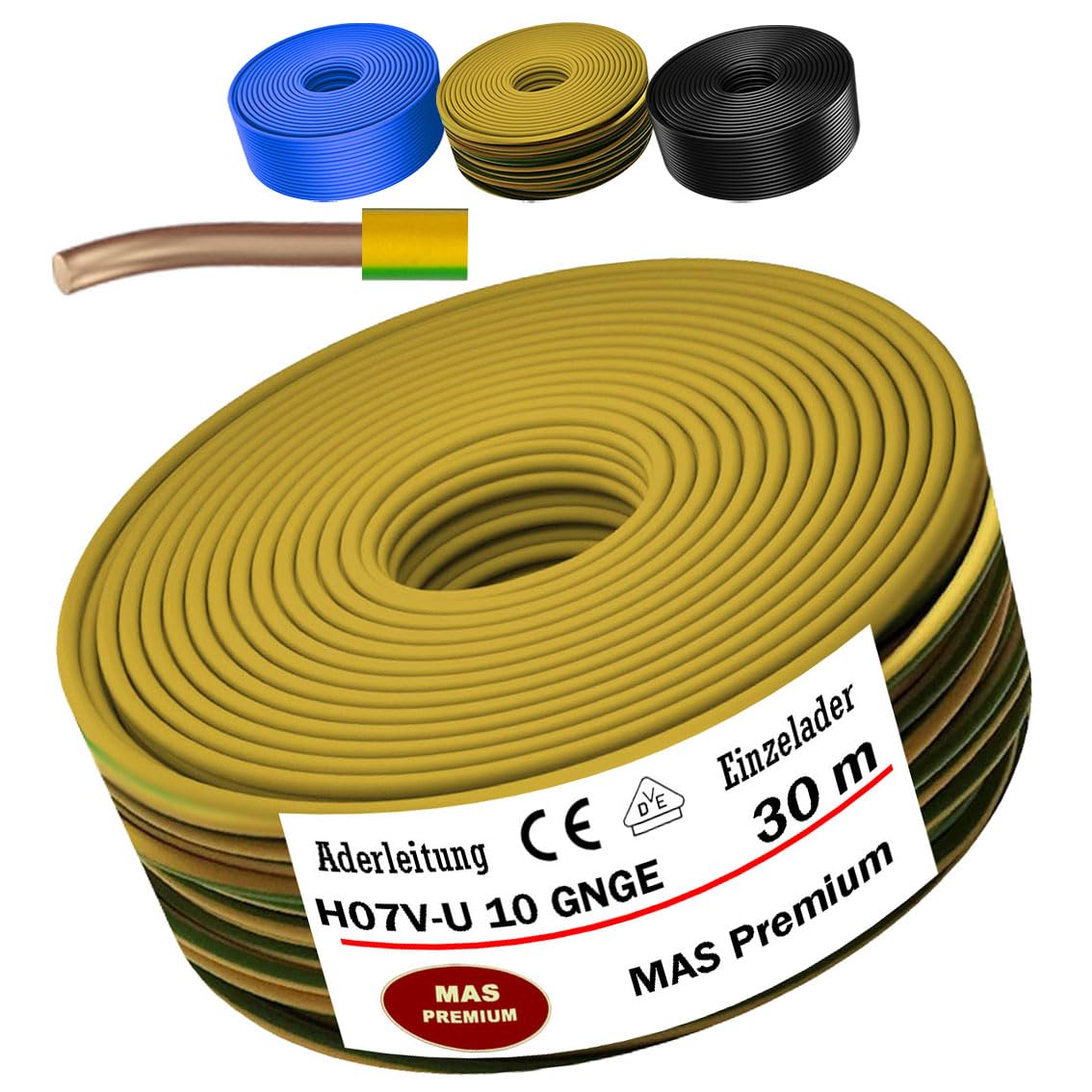 MAS Premium Câble conducteur monofil - 5 à 100 m - H07 V-U 4 6 10 16 - Fil simple rigide (H07 V-U 10 GNGE, 30 m)