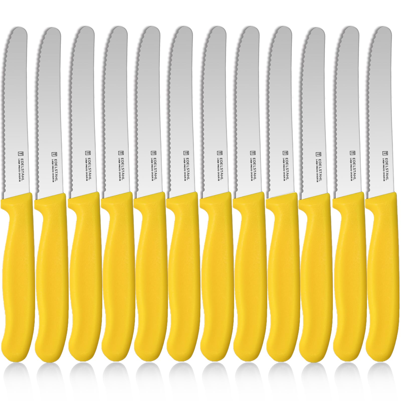 targzier Tafelmesser Set 12 Stück, Hochwertige Frühstücksmesser mit Wellenschliff,Gelb Tomatenmesser,Scharfe Messer für Brotzeit,Edelstahl Brotmesser,Anti-Rost Besteck Messer Set&Spülmaschinenfest