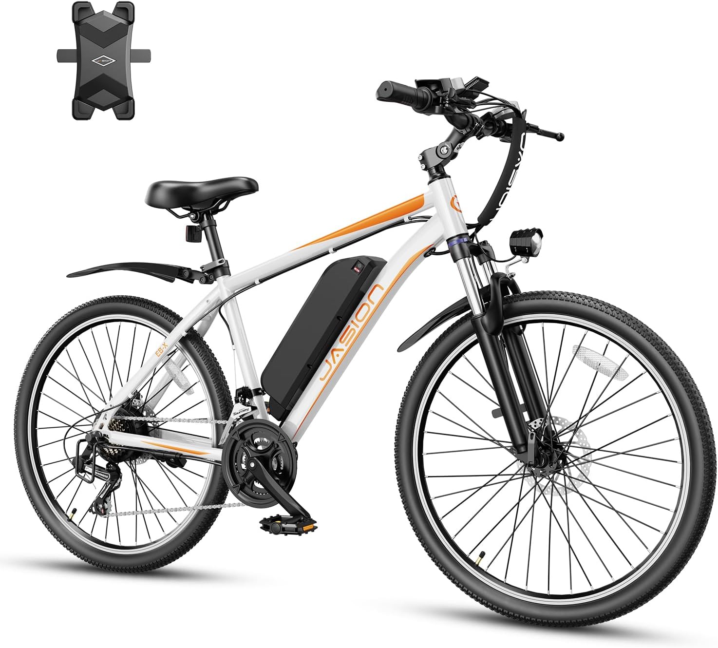 JasionEB-X 26" Electric Bike for Adults, with Phone Holder, 850 W Peak Brushless Motor, 21 Speed Gear, 25 MPH Ebike, 450 Wh Removable Battery Electric Mountain Bike, Commuting E Bike, Fork Suspension