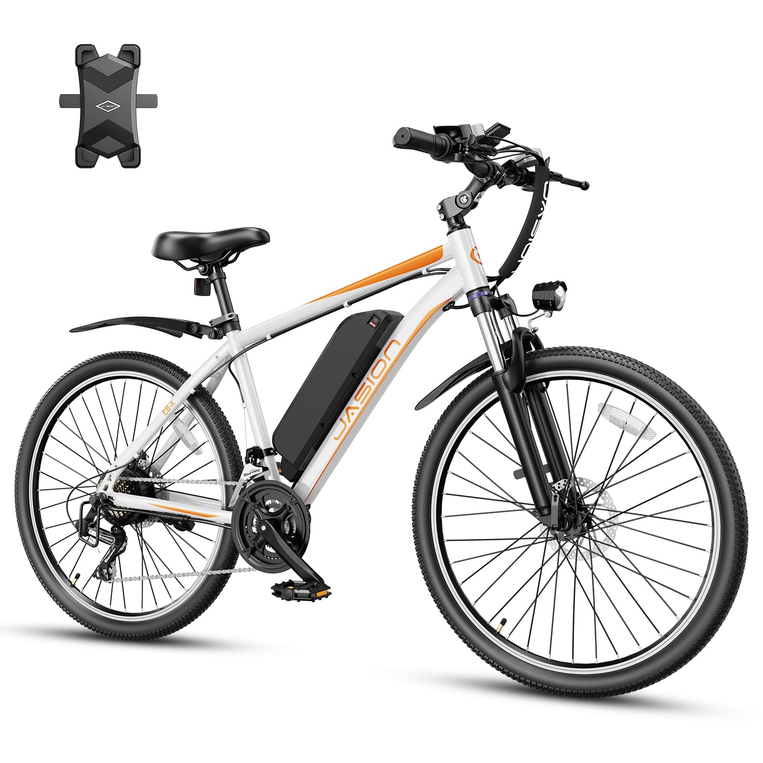 JasionEB-X 26" Electric Bike for Adults, with Phone Holder, 850 W Peak Brushless Motor, 21 Speed Gear, 25 MPH Ebike, 450 Wh Removable Battery Electric Mountain Bike, Commuting E Bike, Fork Suspension