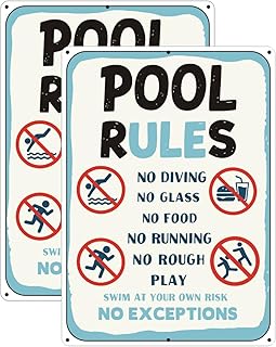 Pool Rules Signs – 2-Pack 10 x 14 Inch Metal Signs for Outdoor Pool Area – Reflective Rust-Free Aluminum, Waterproof & UV Protected, Funny Swimming Safety Sign for Home, Hotel, or Community Pools