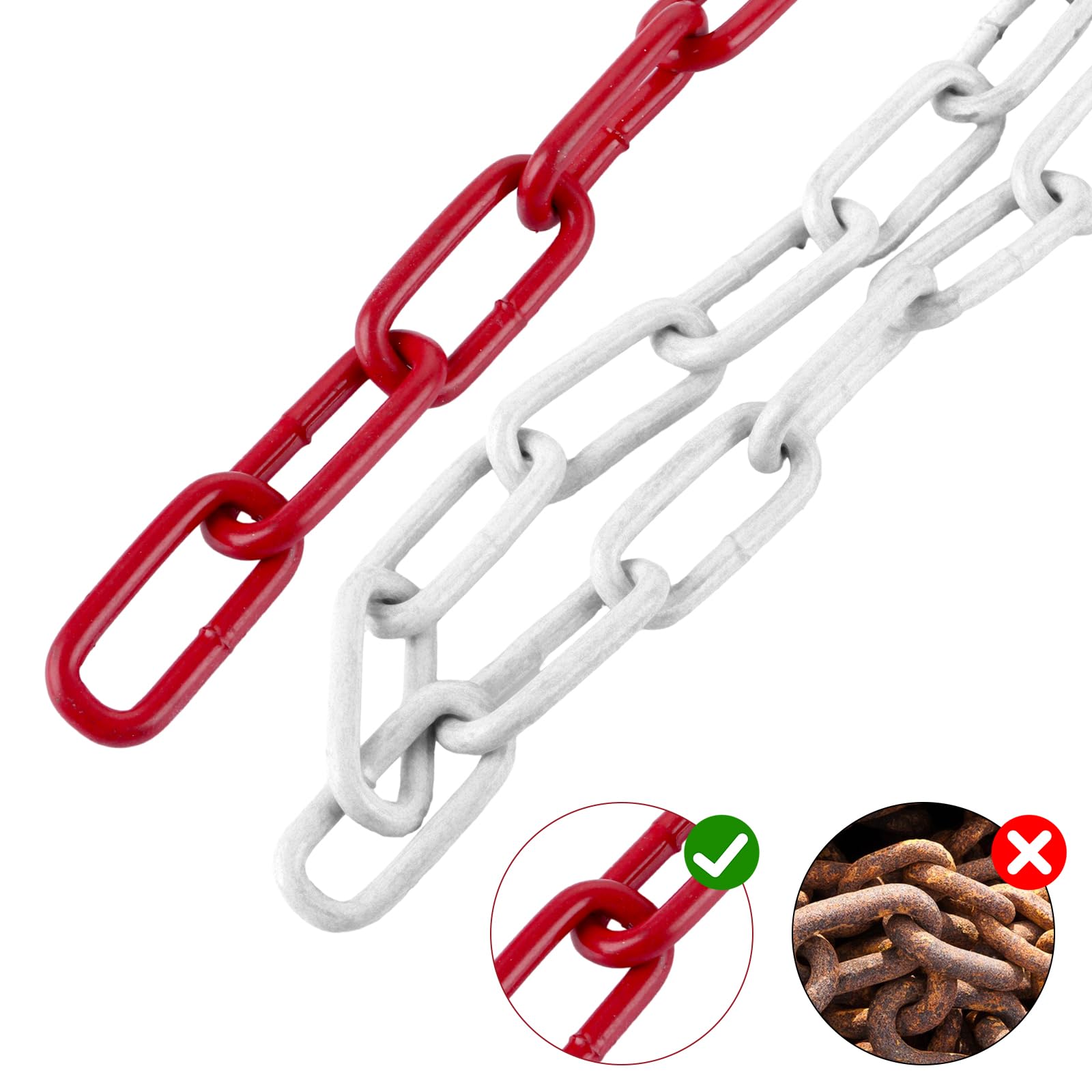 CYEER Catena in metallo rosso e bianco, 12 m, robusta catena in acciaio da 5 mm, resistente alle intemperie, catena a maglie massicce per parcheggi, cantieri e locali industriali, alta visibilità