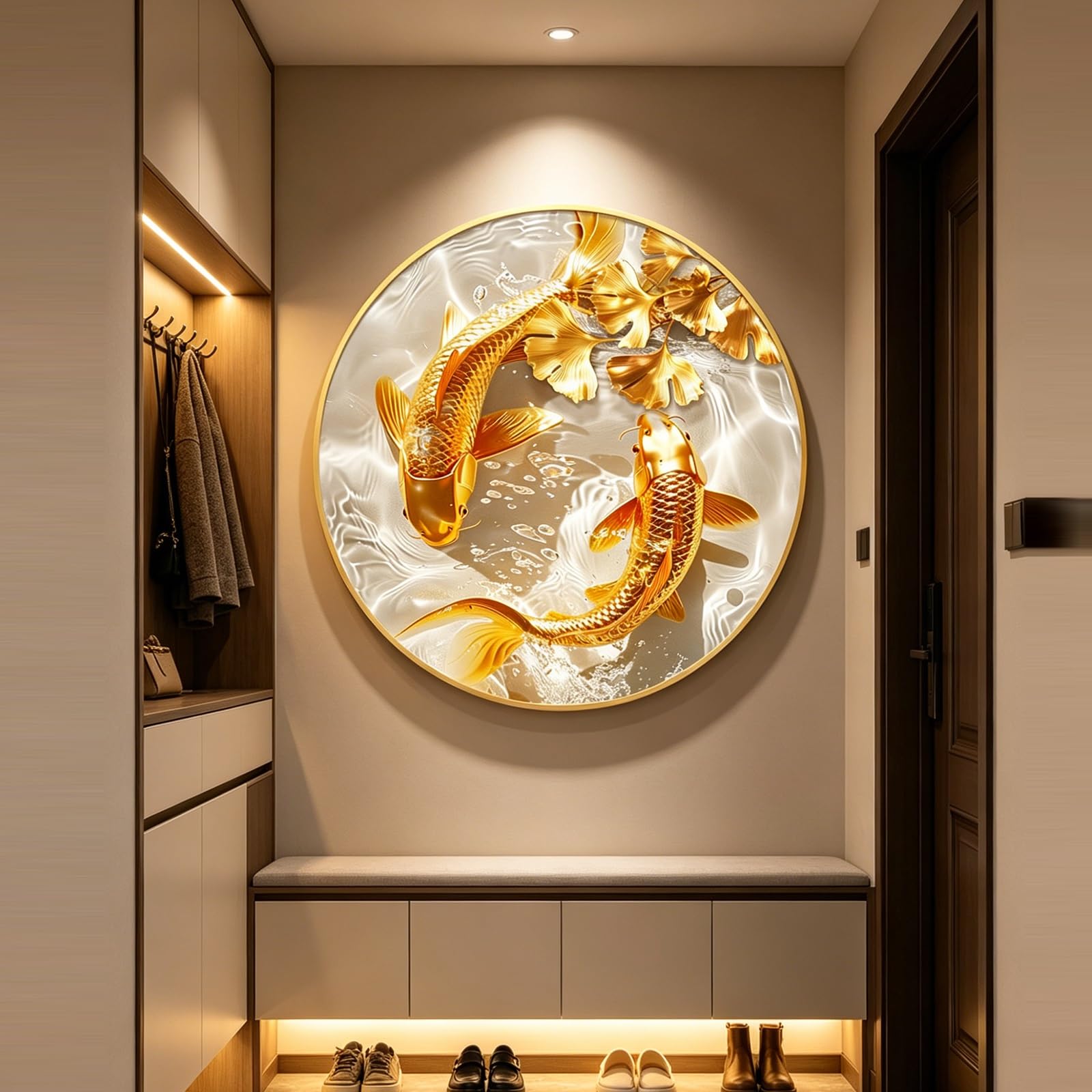 DAJIAYIQI Round Golden Koi Ginkgo Wall Art, Crystal Porcelain Circular Wall Decor with Aluminum Frame, Modern Feng Shui Wall Painting for Entryway Hallway Living Room(60cm/23.6in)