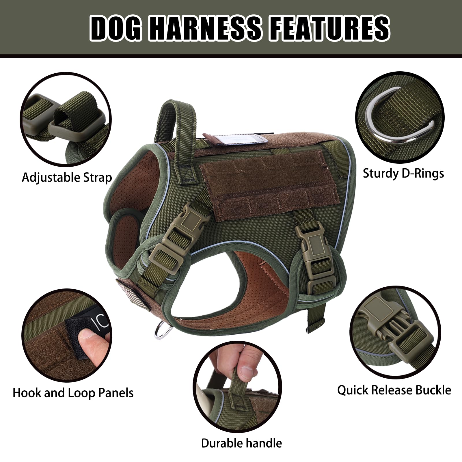 BUMBIN Pettorina tattica per cani con set Laesh, anti-tiro, per cani, intelligente, con pannelli in , regolabile, con manico, verde, M
