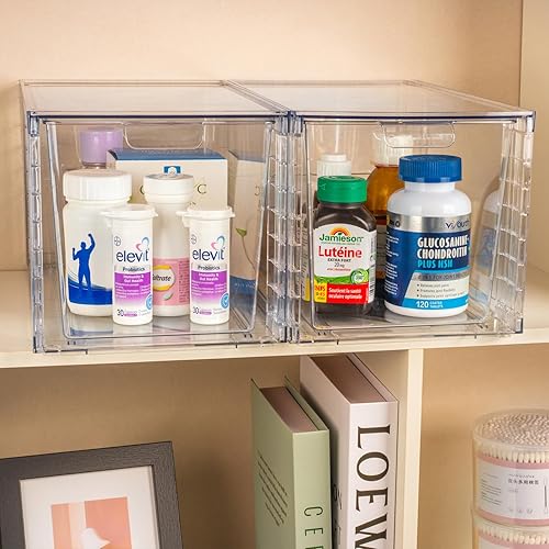 Miniatura 2 de Paquete de 2 cajones apilables grandes, organizadores de acrílico transparente con asa, fácil de montar para cocina, baño, gabinete, maquillaje,