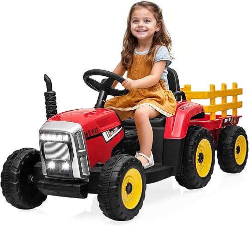 SEHOMY Tractor de paseo para niños con remolque y motores duales de 25 W, batería de 12 V, vehículo eléctrico para niños con control remoto, cambio