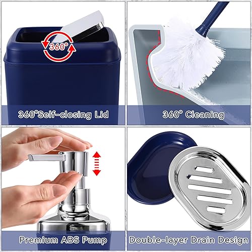 Miniatura 3 de Juego de baño azul marino de 24 piezas con cortina de ducha y alfombra y accesorios, juegos de baño azules completos con basura, dispensador de