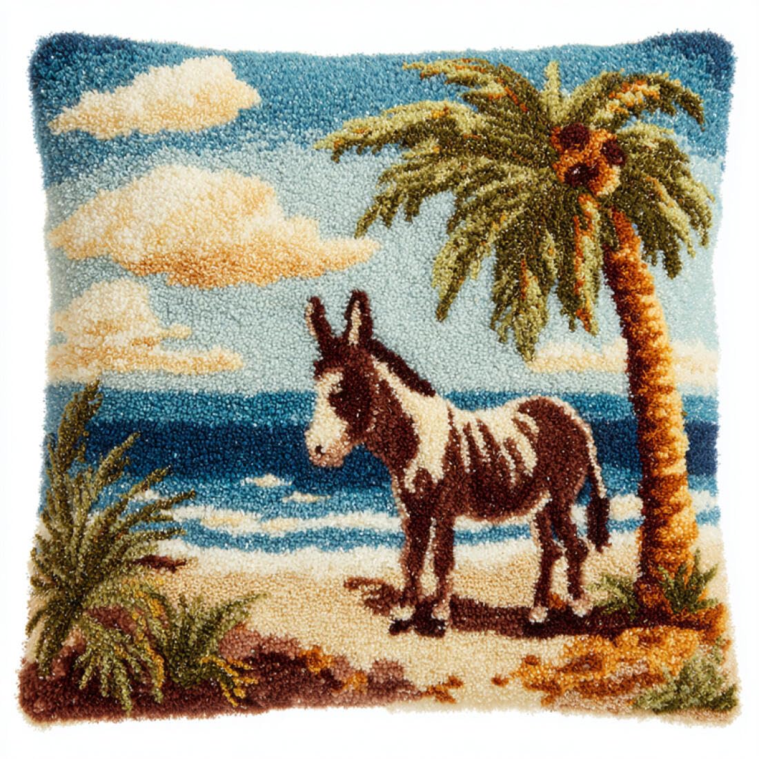 Kitquiver Animal Latch Hook Cushion Craft Kits Donkey By The Sea DIY Tapestry Throw Pillow Cover Needlepoint Cushion Kits for Home Décor Needlework Kit for Beginners 17x17In
