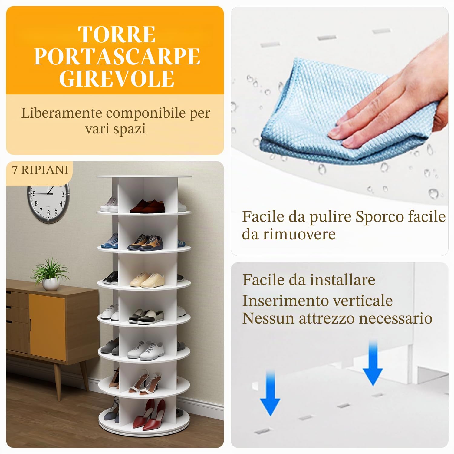 PTUWODS Scarpiera Girevole a 360 Gradi, Giostra Rotonda, Borsa Verticale, Organizzazione Scarpiera (Bianco, 5 Piani)