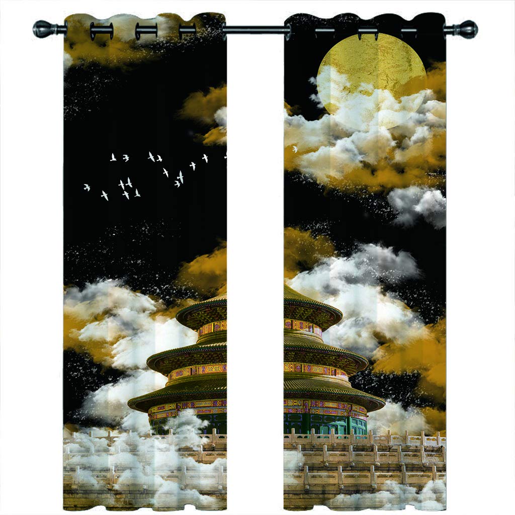 Rideaux Salon Voilage Occultant Thermiques 3D Architecture Classique avec Nuages Blancs Rideau Salon Design Moderne Chambre Enfant Bebe Fille 280x260Cm Polyester Fenetres Occultants Isolant Lot De 2
