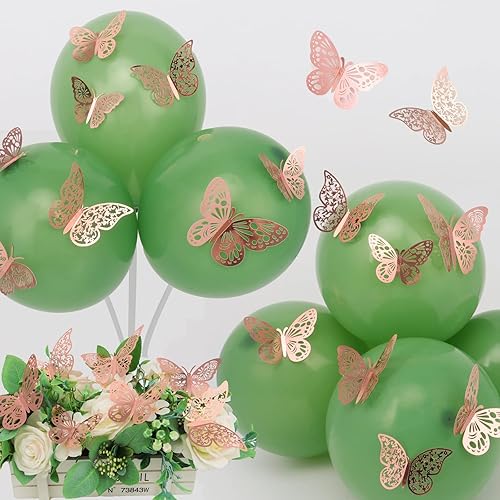 Miniatura 5 de 36 piezas de decoración de pared de mariposa, 3 estilos, 3 tamaños, mariposa de oro rosa 3D, decoración de boda y fiesta de cumpleaños, decoración