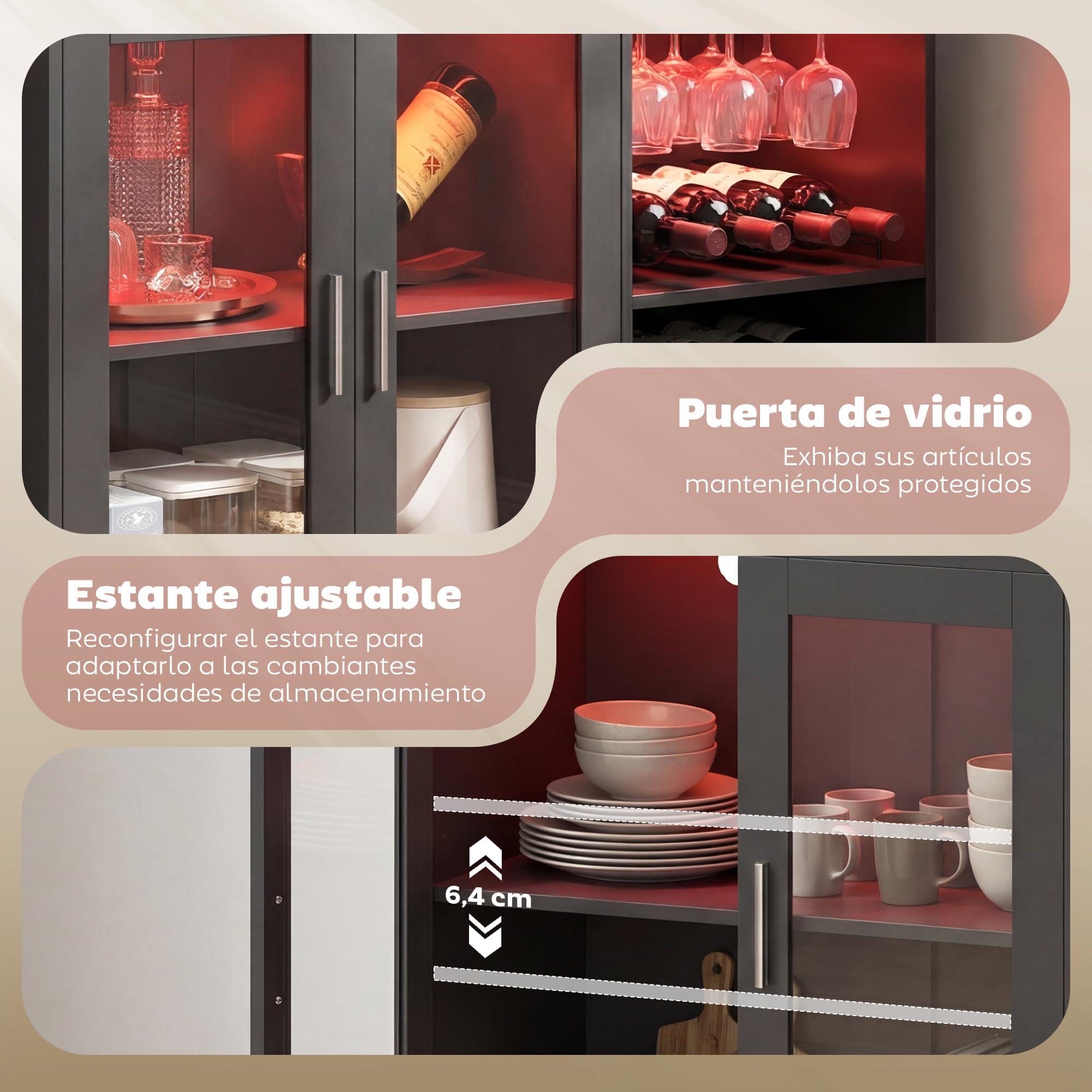HOMCOM Mueble de Bar, Armario Buffet para Vinos con Luces LED RGB y Botellero para 12 Botellas, Aparador de Cocina con Estante Ajustable y Puertas de Cierre Suave, para Comedor, Salón, Negro