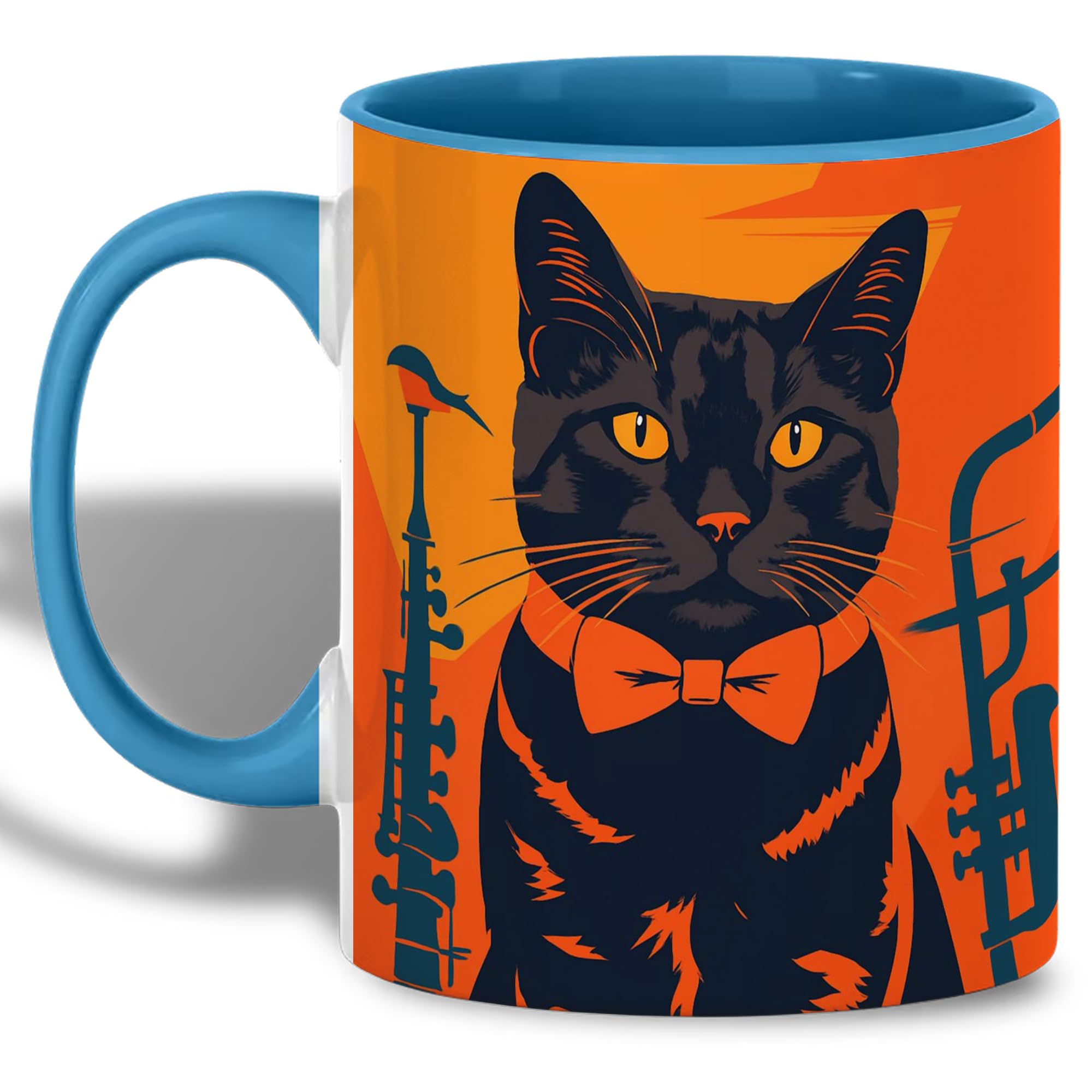 Jazz Cat Coffee Mug, Black Cat Lover Gift Mug, Musical Kitty Art Design, Orange Retro Aesthetic, Dishwasher Safe Ceramic Cup for Kittent Owners and Music Enthusiasts, Fall Theme