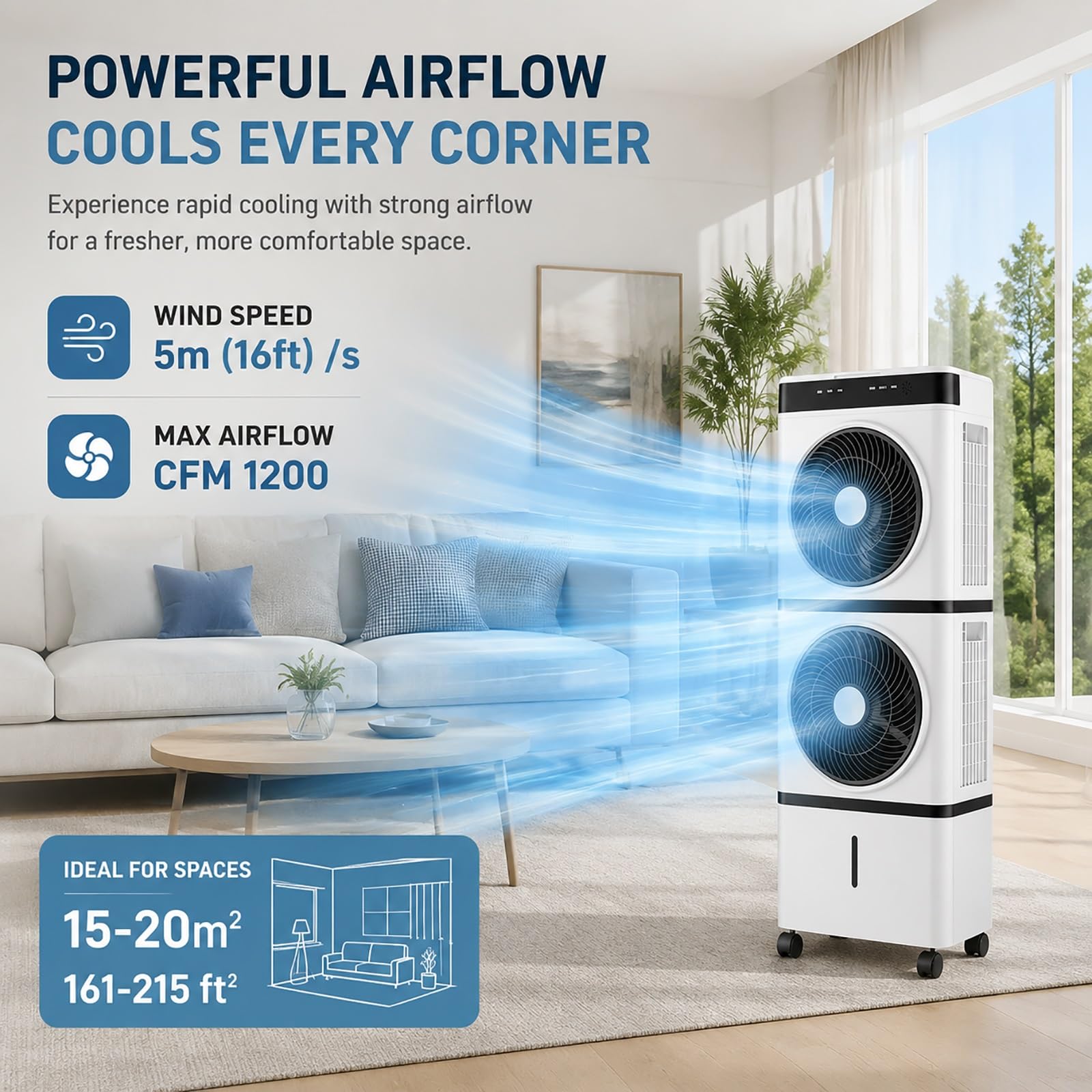 Climatizador Evaporativo Silencioso de 14 L, Temporizador de 12 Horas | Control Remoto, 3 Velocidades, 1200 CFM, 4 Paquetes de Hielo, para Oficinas en Casa