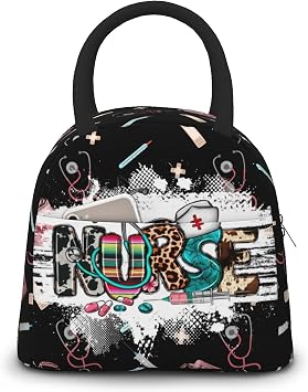 Nurse Lunch Bag for Women Black White Lunch Tote with Medical Design Reusable Insulated Cooler Lunch Container Lunch Box for Work Picnic Travel Office Nurse Gifts