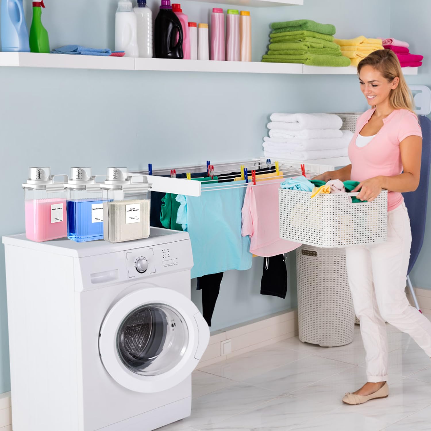 Dispensador de detergente para ropa de 64 onzas, dispensador de jabón líquido, dispensador de suavizante de tela, soporte y recipiente para polvo de lavandería, organización y almacenamiento