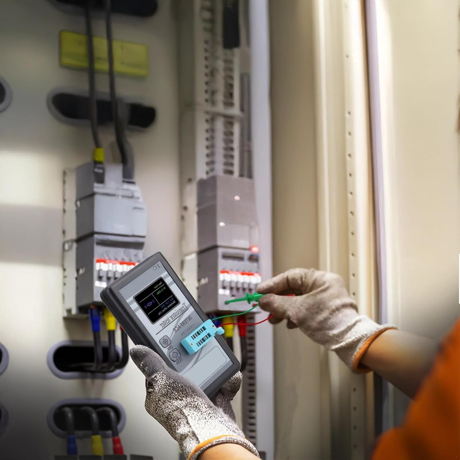 A person wearing gloves using the M328 Transistor and Component Tester to test a component in an industrial setting.