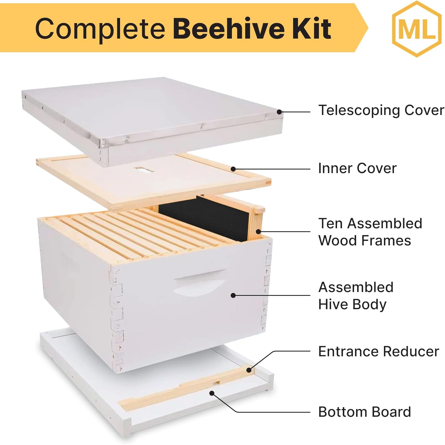 Mann Lake Traditional Complete 10-Frame Bee Hive Kit, Fully Assembled 9⅝” Deep Hive Body with 10 Frames, Beeswax-Coated Foundation, Telescoping Cover, Bottom Board & Reducer, Made in USA, Painted - Image 2