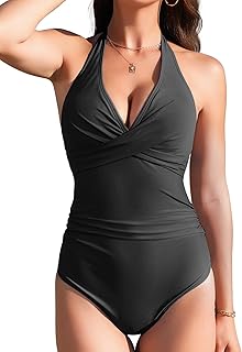 Women's One Piece Swimsuits Tummy Control Bathing Suits V Neck Ruched Push Up Halter Slimming Swimwear - Buy now