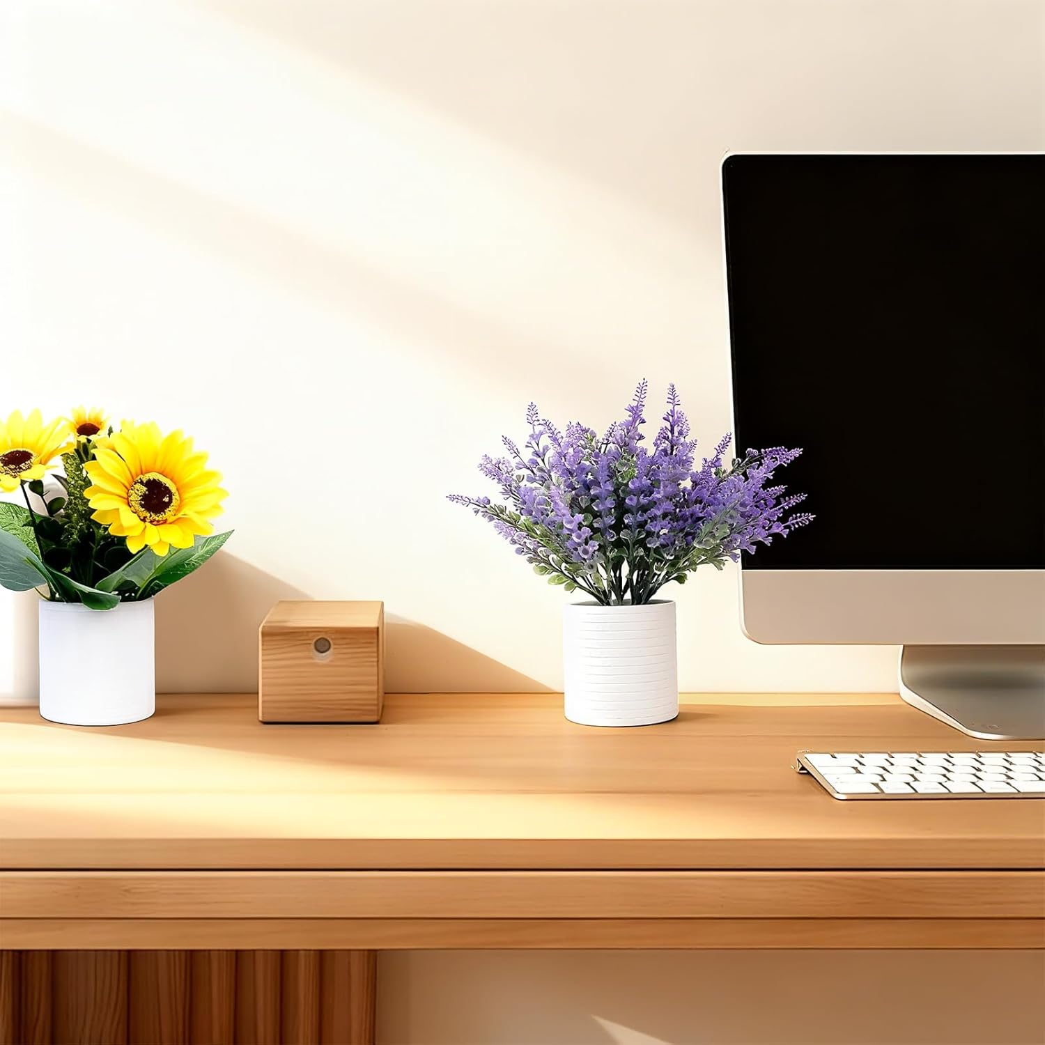 FGSAEOR Mini Potted Fake Plants, Small Artificial Greenery Plants Topiaries, Low Maintenance, Shelf Desk Room Table Office Home Decor (3-Pack) (White Pot - Purple Yellow)
