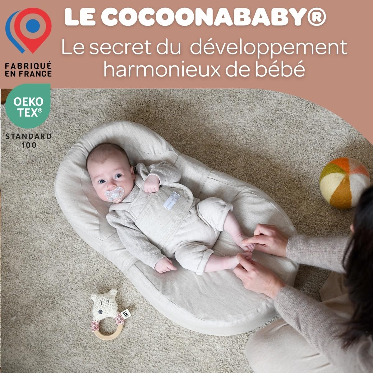 RED CASTLE/BEABA, Cocon Ergonomique, Nid d'ange, Confort,Développe la motricité et l'éveil, Fabriqué en France, Tissu Oeko-Tex, Matière Lin Hypoallergénique