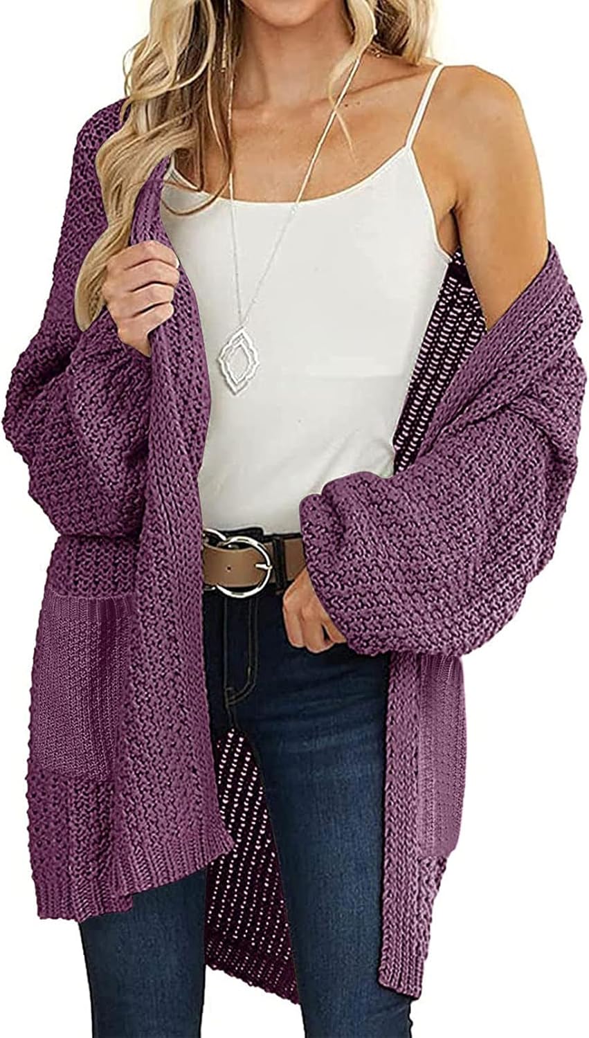 MEROKEETY Women's 2025 Fall Open Front Chunky Knit Sweater Oversized Lantern Sleeve Cardigan Outwear - Image 2
