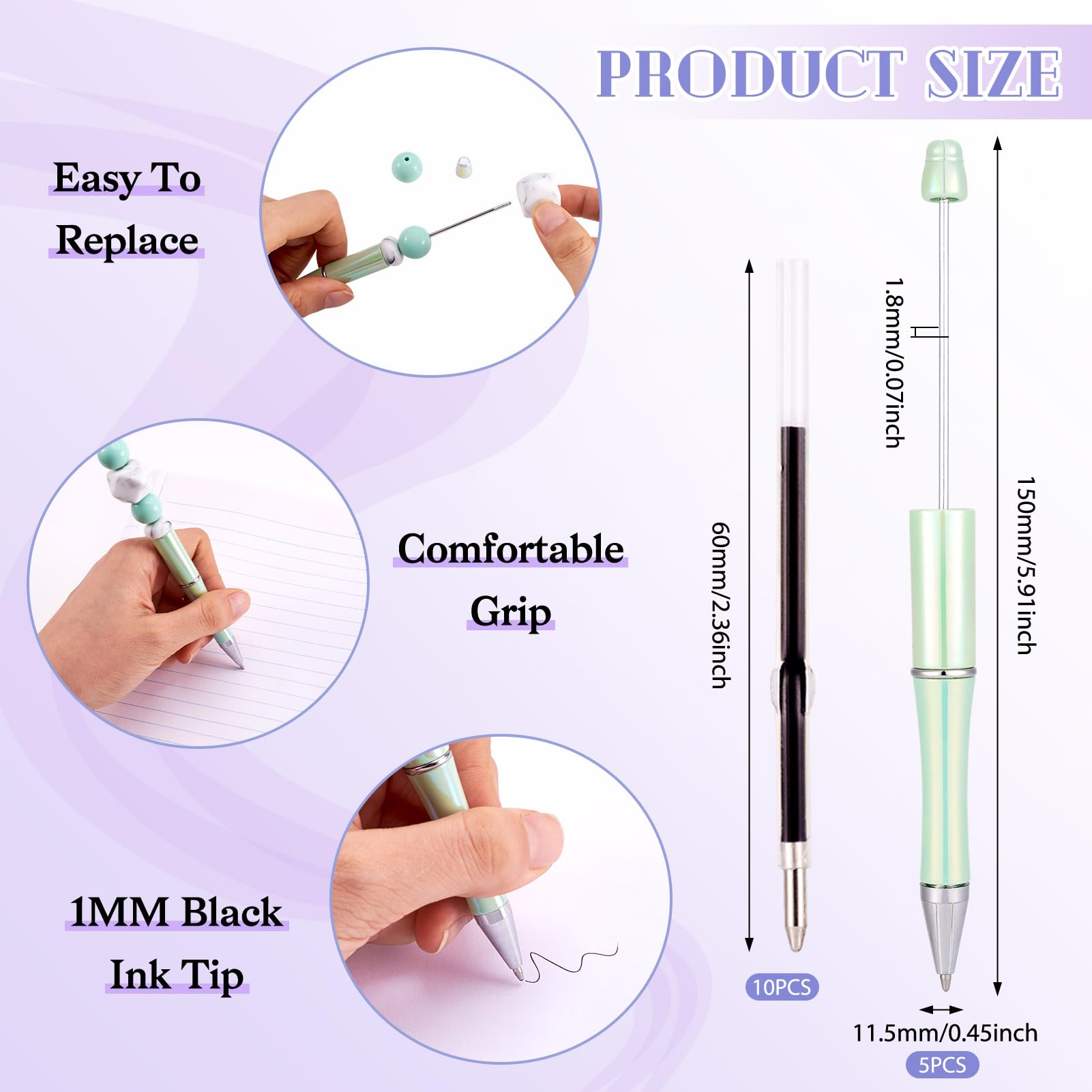PandaHall 5pcs Beadable Pens with 10pcs 1mm Pen Refills Plastic Beaded Pens Shaft Black Ink Ballpoint Pens for Pen Making School Office Craft Supplies Pale Green - Image 3