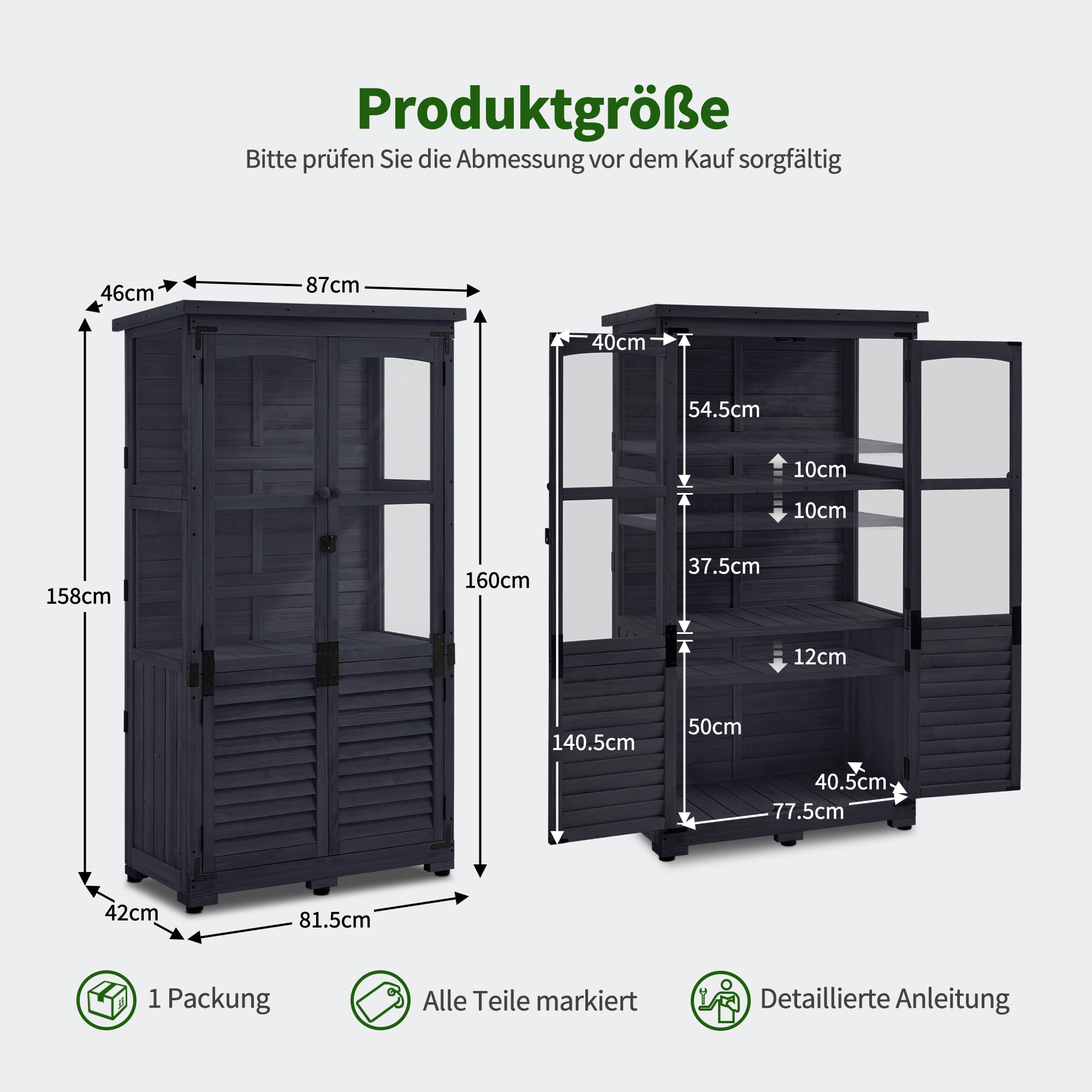M MCombo Gartenschrank Holz 0120, Gerätehaus Wetterfest Klein, Outdoor Gartenhaus Geräteschuppen für Außenbereich Terrasse Balkon, 87×46×160 cm, (Anthrazitgrau)