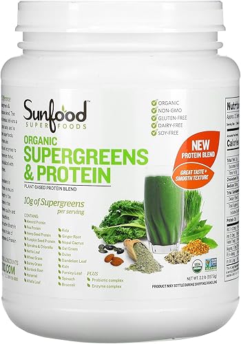 Miniatura 1 de Sunfood Organic Supergreens & Protein  Nueva mezcla de proteínas a base de plantas (guisante, cáñamo, almendra, calabaza) 19 superalimentos verdes,