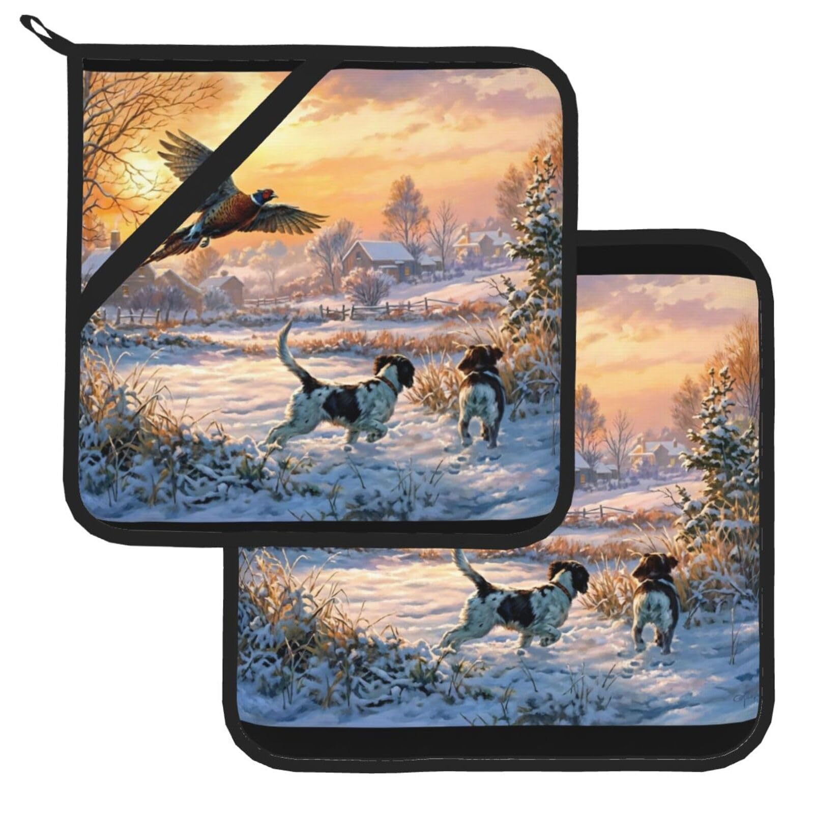 Pot Holder Set of 2 Heat Resistant Kitchen Potholders Dog Catching Pheasant Pot Holders Kitchen Trivets with Hanging Loops Washable Oven Hot Pads for Cooking Baking BBQ