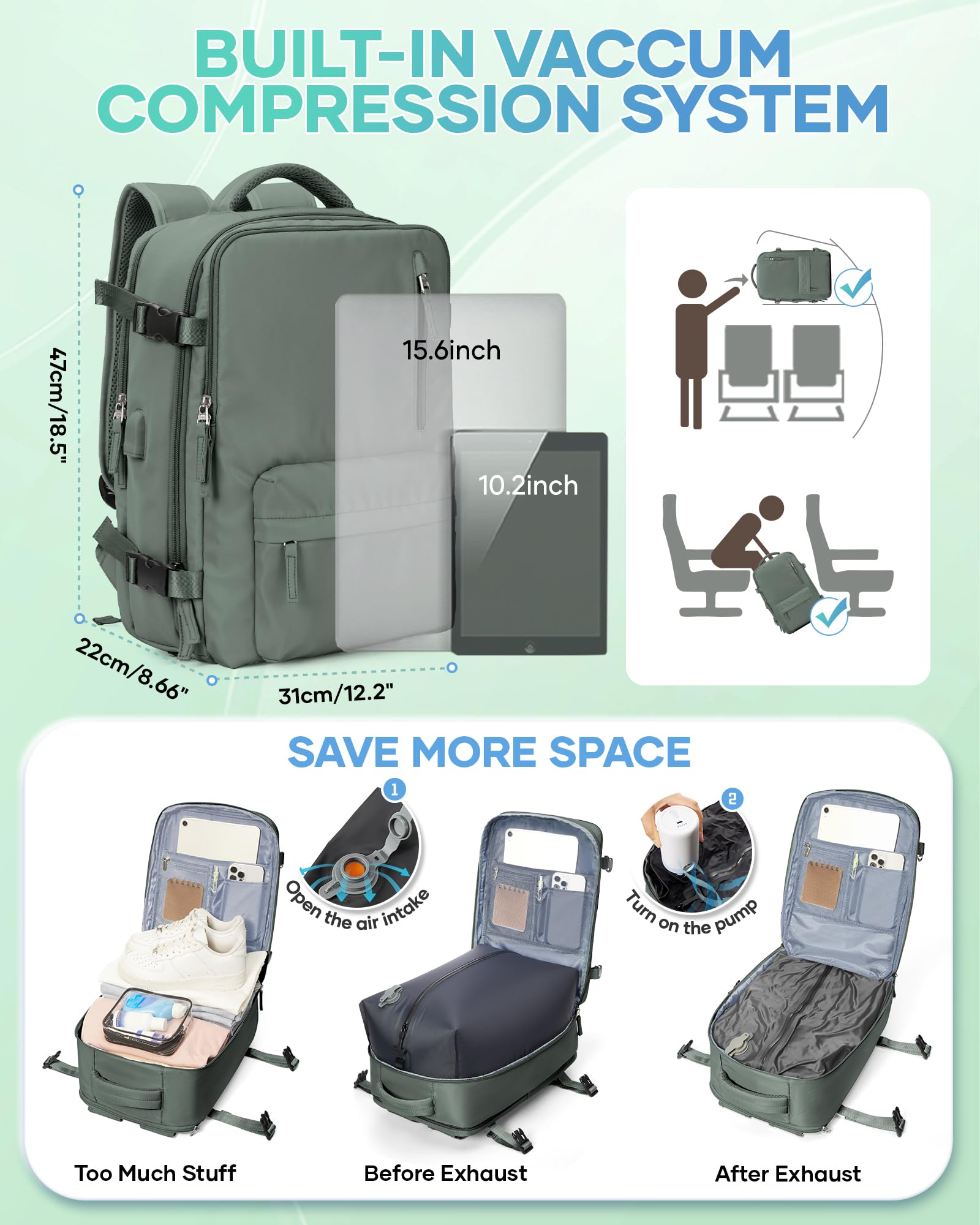SZLX Zaino Ryanair 40x30x20 Sottovuoto Bagaglio a Mano 40x20x25 Donna Zaino da Viaggio 40x30x20 Wizzair Borse da Cabina per Easyjet 45x36x20 Uomo per Laptop 14 Pollici con Porta USB e Porta Scarpe