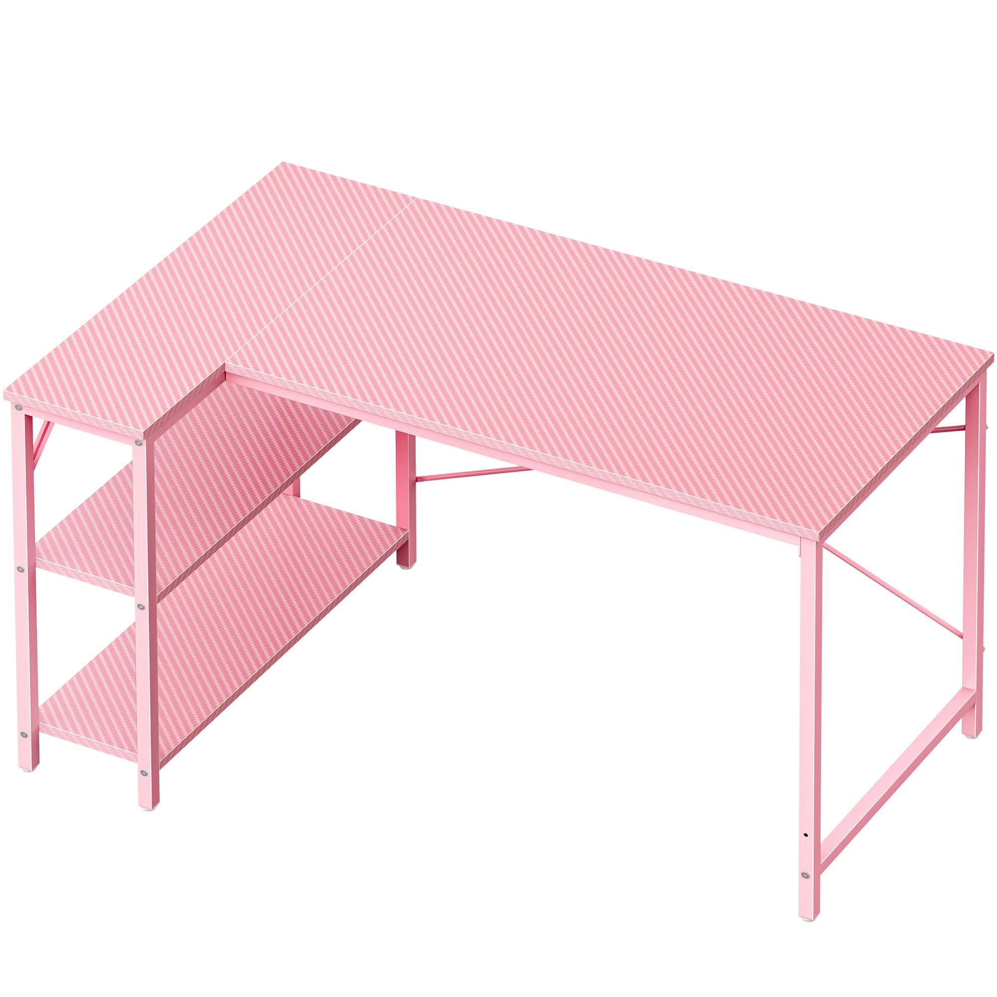 Huuger L Shaped Desk, 47 Inches Computer Desk with Reversible Storage Shelves, Gaming Desk, Corner Desk Home Office Desks, Writing Study Desk with Metal Frame, Pink